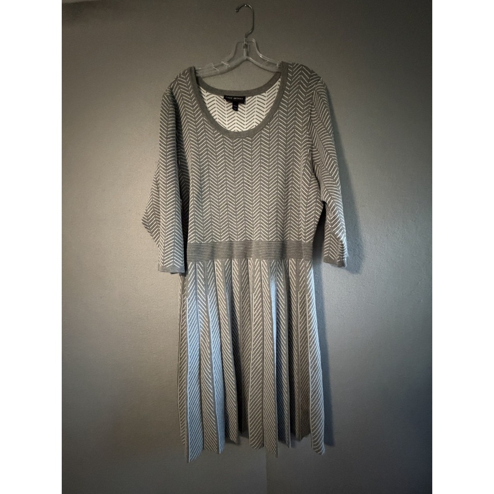 Lane Bryant Sweater Dress Womens 22 Gray Herringbone Scoop Neck 3/4 Sleeve Midi